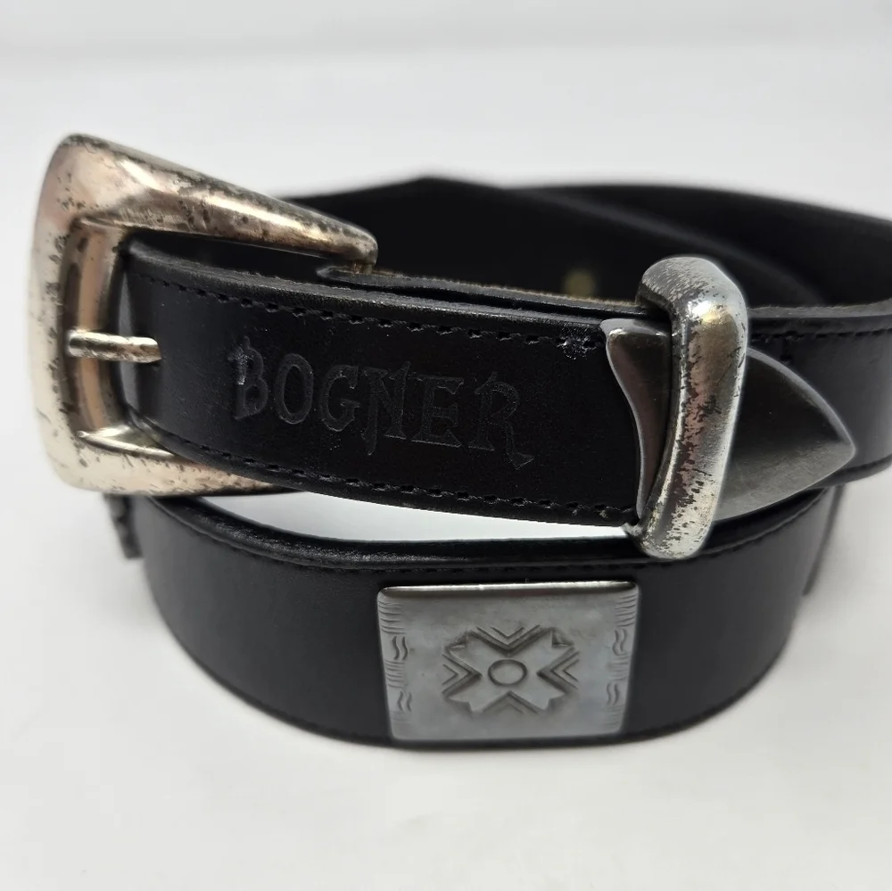 BOGNER BLACK LEATHER BELT SILVER WESTERN MEDALLIONS SKULL BUCKLE WESTERN WOMEN M